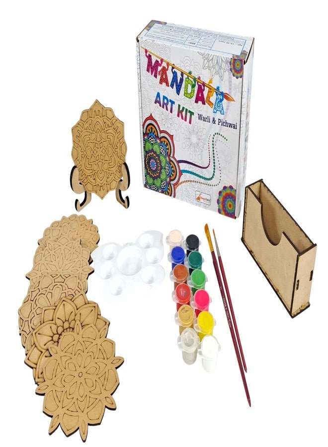 ستيبس تو دو مجموعة طلاء ماندالا خشبية من StepsToDo، تتضمن مجموعة قواعد أكواب الشاي. فن الماندالا. مجموعة من 6 قواعد أكواب محفورة مسبقًا مقاس 4 بوصات، مع علبة وألوان وفرشاة طلاء وحامل وصحن. - Image 1